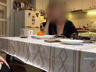 my husband jerking under a table front of my step mom and i right at the kitchen