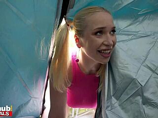 camping sneaky sex with big tits thick blonde teen and older gent, bent over and orgasming