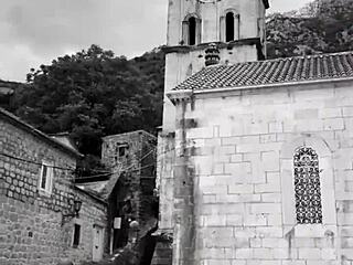 Tall skinny teen flashes tits for risky blowjob!