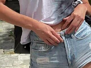 Tall skinny teen flashes tits for risky blowjob!