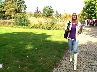 blonde couple fucks outdoors, cumshot on her big tits