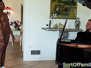 Black stepdaughter gets doggystyled by mature milf near piano