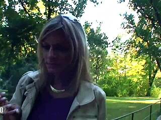 blonde couple fucks outdoors, cumshot on her big tits