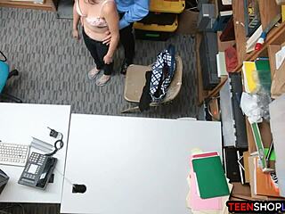teen shoplifter reluctantly blows the security guard, her petite latina mouth filled with his cock