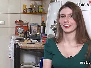 Passionate German plays with her shaved pussy, touching clit and nipples solo