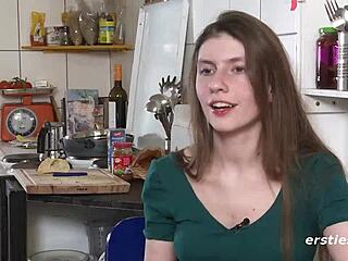 Passionate German plays with her shaved pussy, touching clit and nipples solo