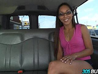 nerdy latina girl agrees to fuck for cash in public bus ride with blonde and brunette