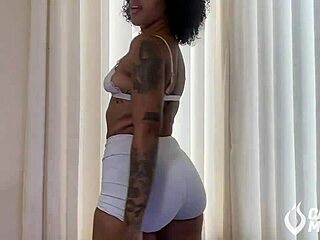 Latina pornstar experiments with tight shorts, gives jerk off instructions, cums on big cock