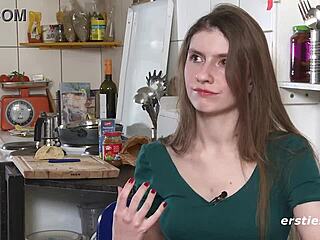 Passionate German plays with her shaved pussy, touching clit and nipples solo