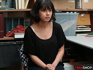 teen shoplifter reluctantly blows the security guard, her petite latina mouth filled with his cock