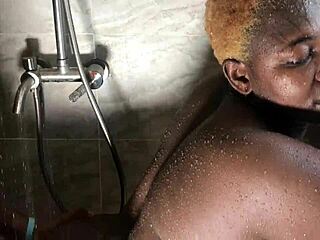 BBW amateur with big tits rides monster cock in doggystyle, squirting inside the bathroom.