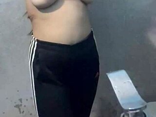 Student with big ass and tits goes crazy in hotel bathroom oiled up!