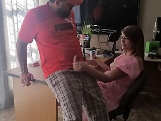 brunette amateur in dress plays with his cock during homemade session