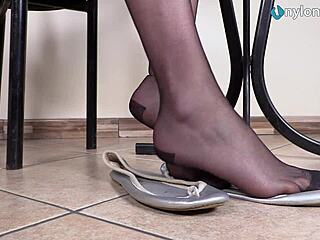 Leggy Brunette In Pantyhose Shows Perfect Ballet Flats Shoeplay With Feet And Toes Fetish