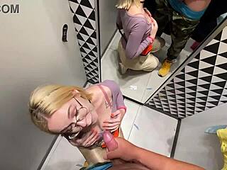 Skinny Blonde Teen Girlfriend Gives Deepthroat Blowjob in Public Changing Booth While Riding