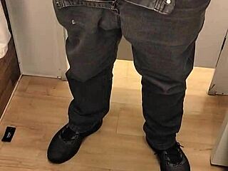 Quick handjob session with small cock in public shopping bathroom