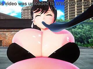 A girl gets carefully inflated like a big balloon in a controlled setting