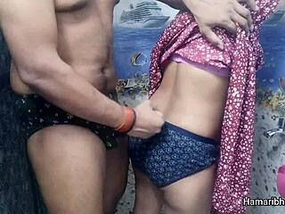 Indian Desi Bhabhi Gives Horny Husband Handjob with Cumshot on Sexy Blue Panties