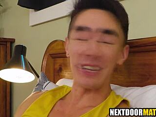 Asian college roommates lick asses and fuck bareback in dorm for exam prep