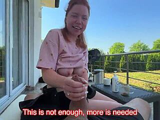 redhead couple enjoys deepthroat blowjob and doggystyle riding with natural big tits in risky outdoor public sex ending in cum on face