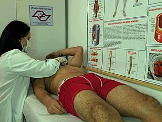 The nurse gets aroused by the patient's erection and starts sucking his big cock.