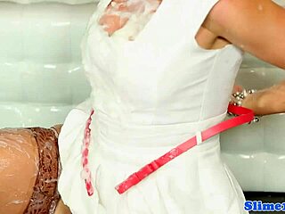 classy milf in stockings and heels gets cum covered at gloryhole with blowbang and multiple facials