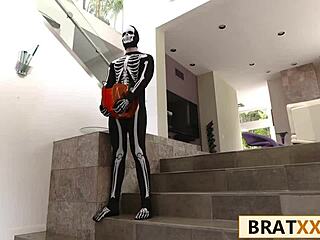 petite trick-or-treater gets more than candy in spooky fuck session with braces brunette!