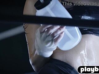 Stunning curvy blonde babe poses in gym lingerie stripping to show big ass milf enjoying hot solo softcore session