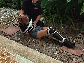 I punish her by tickling her cute feet outdoors