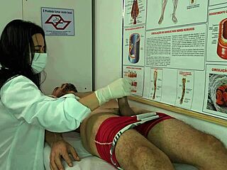 The nurse gets aroused by the patient's erection and starts sucking his big cock.