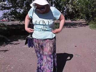 Hairy Mature Feels Exposed and Emotional in Her See-Through Dress Outdoors