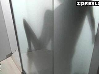 in the shower trailer with blonde teen licking and blowjob in bathroom