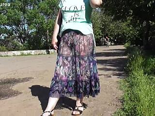 Hairy Mature Feels Exposed and Emotional in Her See-Through Dress Outdoors