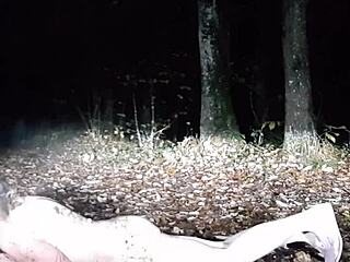 French milf bound in forest for outdoor bondage training.