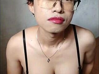 Big tit Asian shemale masturbates solo with cumshot