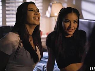 At a late night party, brunette teens with small tits dive into licking pussy during their first lesbian encounter.