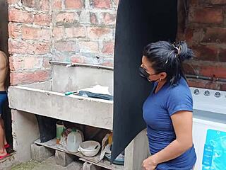 Latina milf gives homemade blowjob to big cock neighbor in shower bathroom scene.