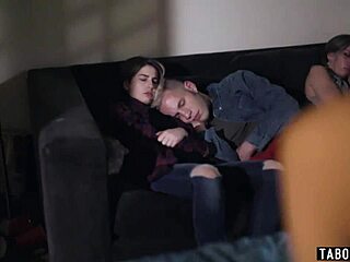 At a late night party, brunette teens with small tits dive into licking pussy during their first lesbian encounter.