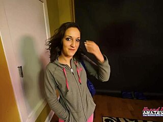 Skinny coed Ryann bends over for a footjob and gets her shaved pussy fingered.