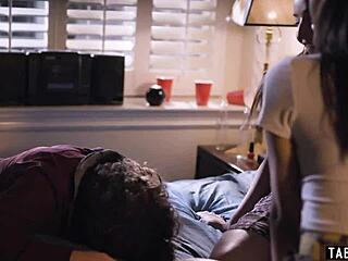 At a late night party, brunette teens with small tits dive into licking pussy during their first lesbian encounter.