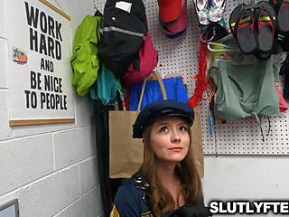 Shoplifter Mira Monroe in cop dress negotiates with officer for sorority respect during encounter.