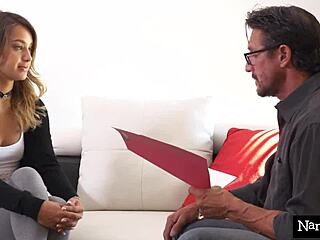 Husband and wife catch petite brunette babysitter masturbating so they make her ride his fat cock to keep the job.