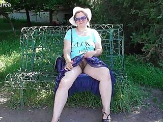 Hairy Mature Feels Exposed and Emotional in Her See-Through Dress Outdoors