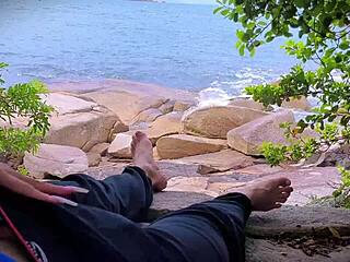 hey, check out this surprise cumshot handjob on the beach with outdoor masturbation