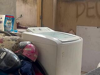 Neighbor Hides While Woman Washes Clothes Freely With Big Ass Pussy And Small Tits Exposed In Outdoor Homemade Bathroom Scene