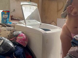 Neighbor Hides While Woman Washes Clothes Freely With Big Ass Pussy And Small Tits Exposed In Outdoor Homemade Bathroom Scene