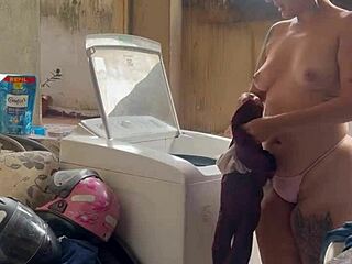 Neighbor Hides While Woman Washes Clothes Freely With Big Ass Pussy And Small Tits Exposed In Outdoor Homemade Bathroom Scene