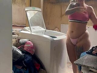 Neighbor Hides While Woman Washes Clothes Freely With Big Ass Pussy And Small Tits Exposed In Outdoor Homemade Bathroom Scene