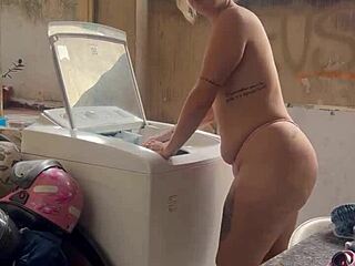 Neighbor Hides While Woman Washes Clothes Freely With Big Ass Pussy And Small Tits Exposed In Outdoor Homemade Bathroom Scene