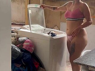 Neighbor Hides While Woman Washes Clothes Freely With Big Ass Pussy And Small Tits Exposed In Outdoor Homemade Bathroom Scene
